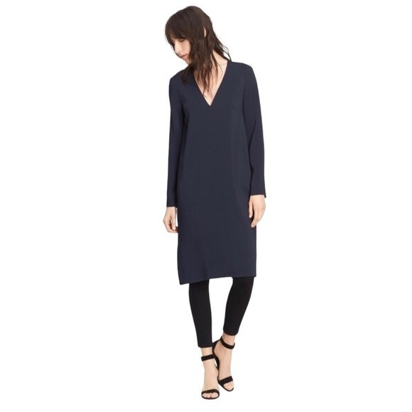 Vince Dress V-Neck Popover Long Sleeve Tunic Navy Blue Size XS Minimalist Simple - Picture 5 of 13